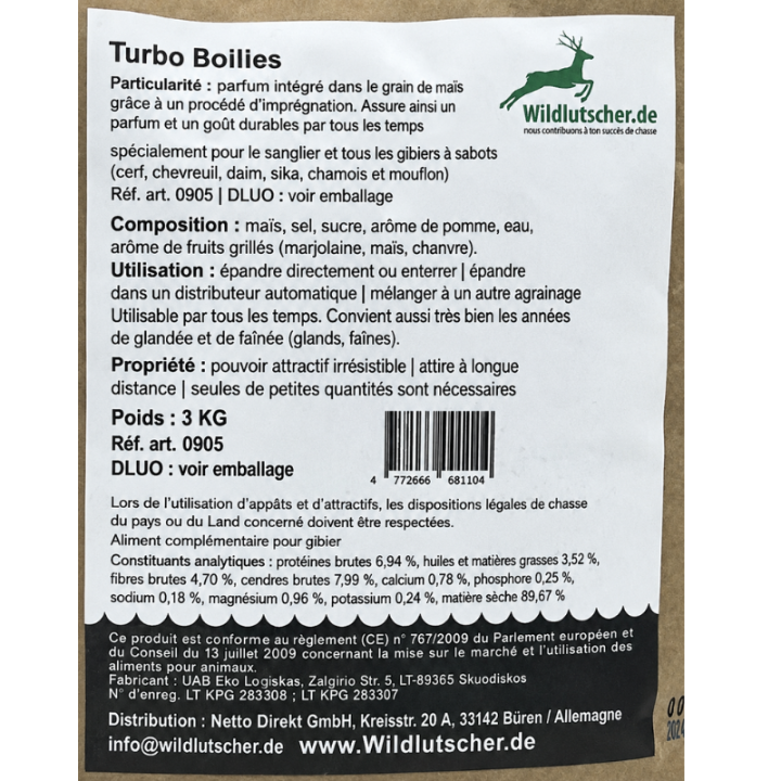 Boulettes Turbo Maïs 3 kg et 8 kg | Espace Chasse