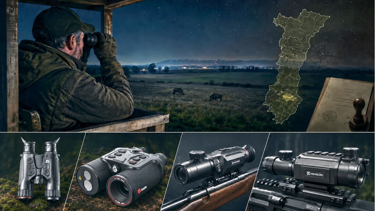 Chasseur observant au monoculaire thermique en plaine alsacienne