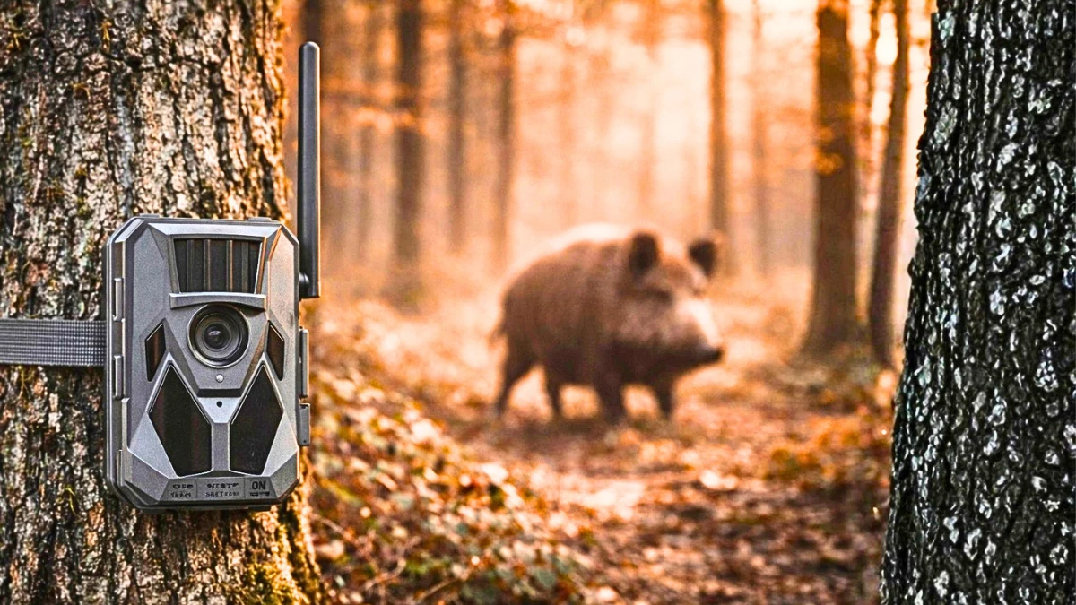 Caméra de chasse fixée sur un tronc en forêt
