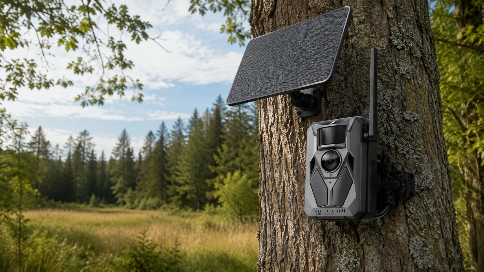Caméra de surveillance autonome avec panneau solaire fixée sur un arbre en lisière de forêt