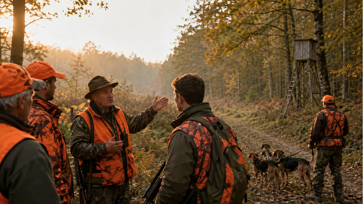 Groupe de chasseurs en tenue orange lors du briefing avant une battue au sanglier en forêt, accompagnés de chiens de chasse.