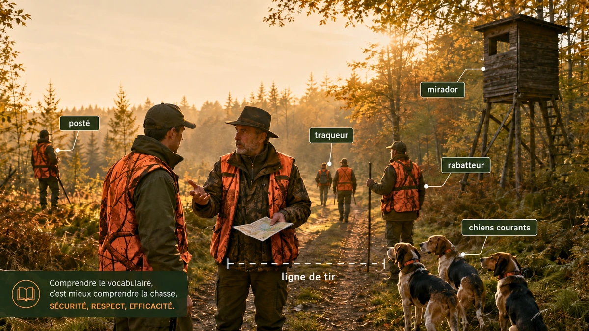 Chasseurs en forêt lors d’une battue, avec les principaux termes illustrés : posté, traqueur, rabatteur, mirador, chiens courants et ligne de tir.
